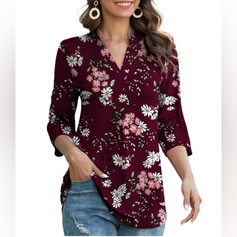 3/4 Roll Sleeves V Neck Floral Flowy Blouses Tunic Tops